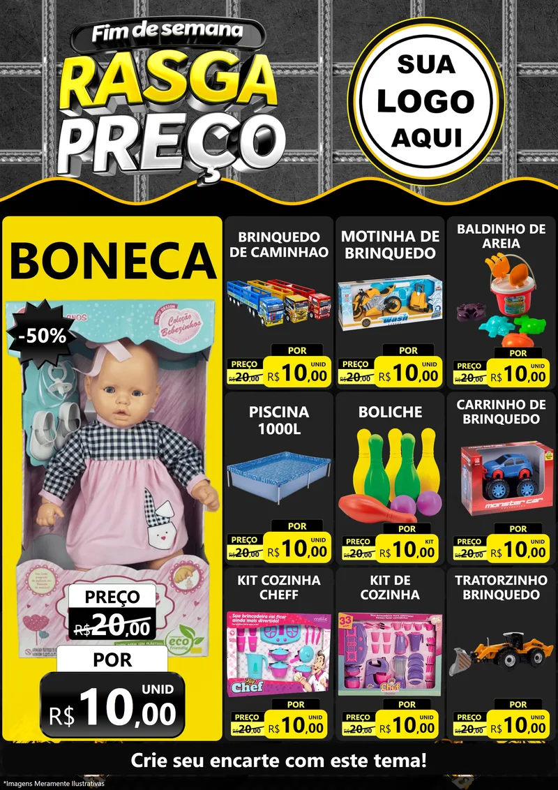 Modelo de Encarte para Encarte A4 Vertical com o tema Fim de Semana Rasga Preço para Brinquedos