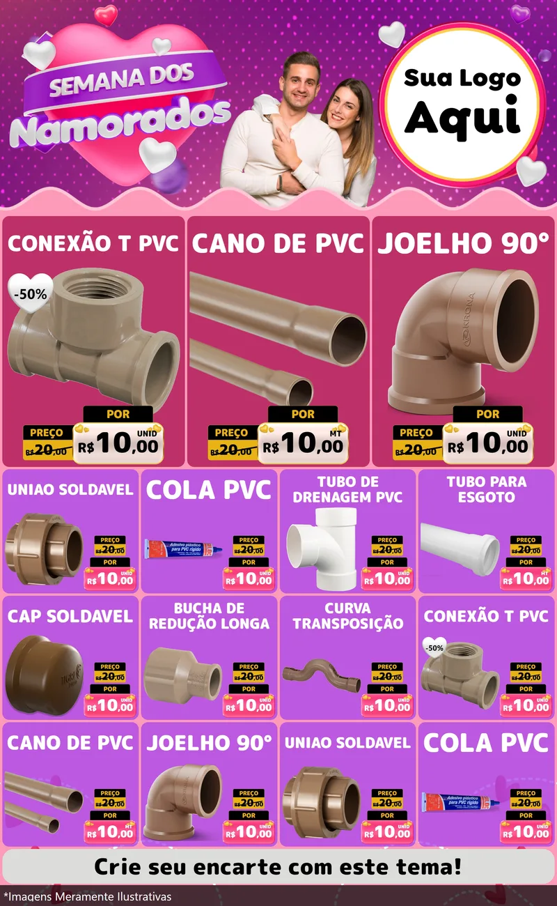 Modelo de Encarte para Encarte Grande com o tema Semana dos Namorados para Tubos e conexões
