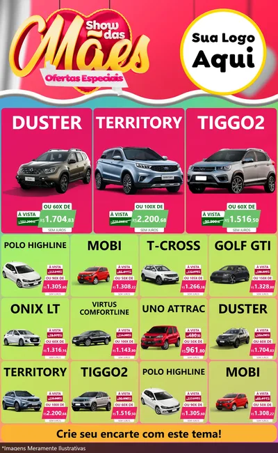 Modelo de Encarte para Encarte Grande com o tema Show das Mães - Ofertas Especiais para Concessionaria de Carros