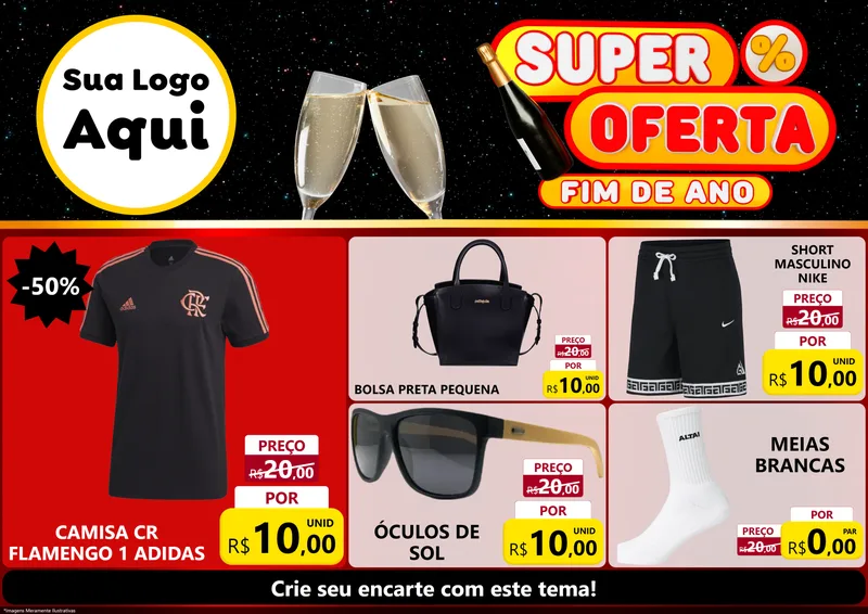 Modelo de Encarte para Encarte A4 Horizontal com o tema Super Oferta Fim de Ano para Roupas e acessórios