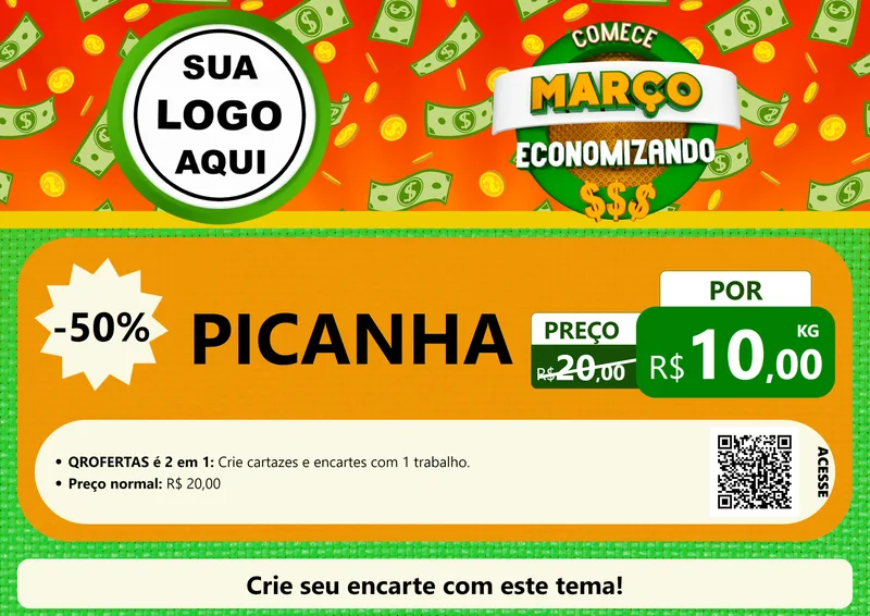Modelo de Cartaz para Cartaz A4 Horizontal com o tema Comece Março Economizando para Açougue