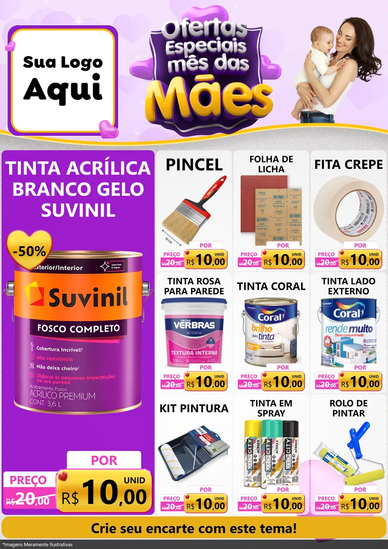 Modelo de Encarte para Encarte A4 Vertical com o tema Ofertas Especiais - Mês das Mães para Tintas e Ferramentas