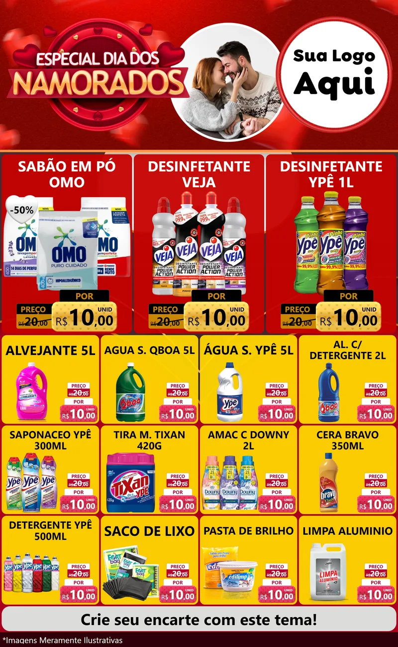 Modelo de Encarte para Encarte Grande com o tema Especial Dia Dos Namorados para Produtos de Limpeza