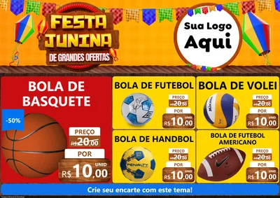 Modelo de Encarte para Encarte A4 Horizontal com o tema Festa Junina de Grandes Ofertas para Artigos Esportivos