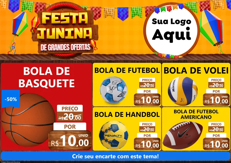 Modelo de Encarte para Encarte A4 Horizontal com o tema Festa Junina de Grandes Ofertas para Artigos Esportivos