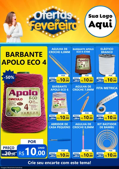 Modelo de Encarte para Encarte A4 Vertical com o tema Ofertas de Fevereiro para Armarinho e Aviamentos