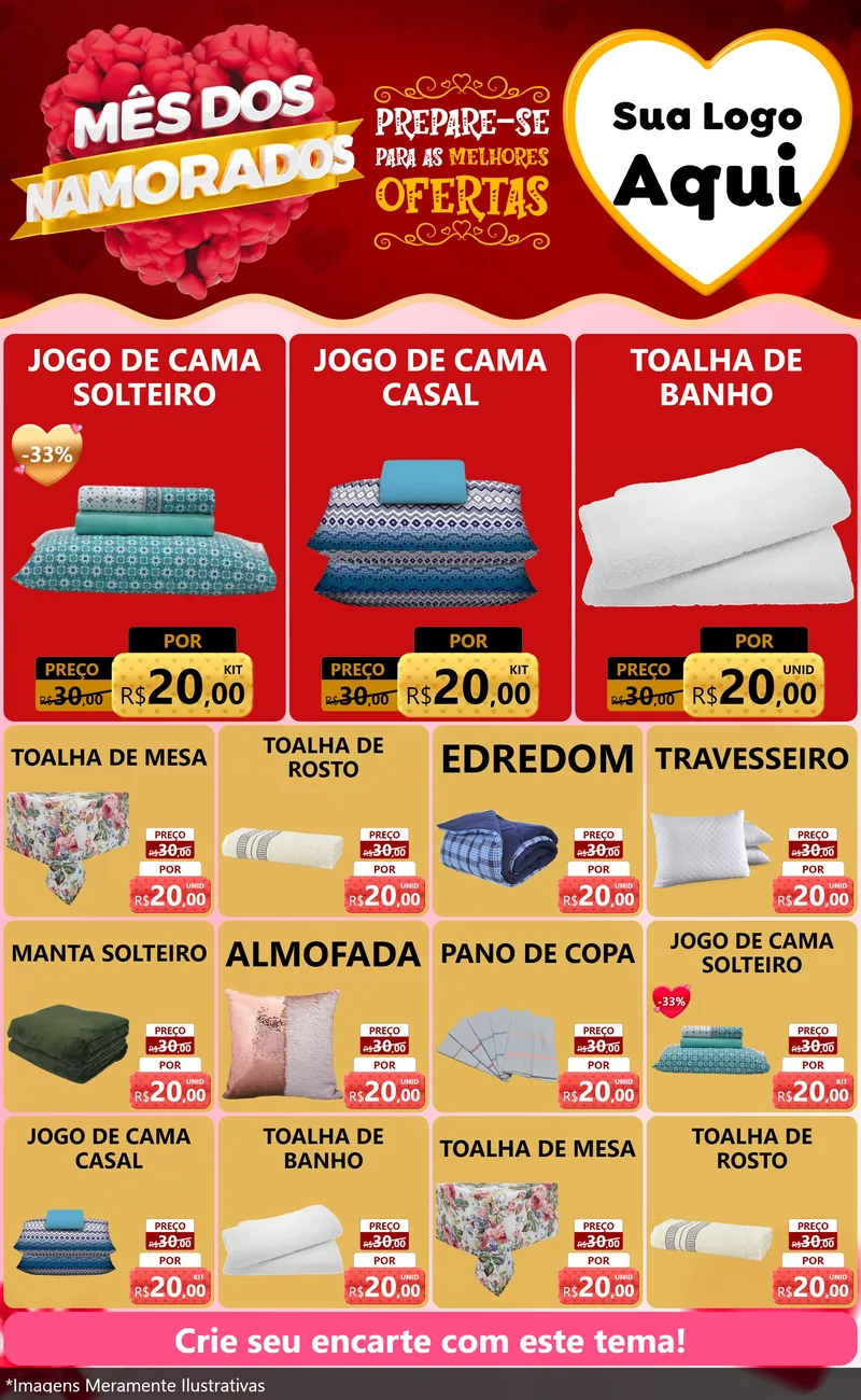 Modelo de Encarte para Encarte Grande com o tema Mês dos Namorados para Cama, Mesa e Banho