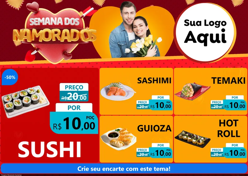 Modelo de Encarte para Encarte A4 Horizontal com o tema Semana dos Namorados para Comida japonesa