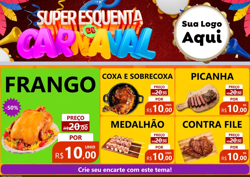 Modelo de Encarte para Encarte A4 Horizontal com o tema Super Esquenta de Carnaval para Assados