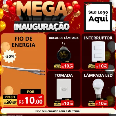 Modelo de Rede Social para Feed Facebook com o tema Mega Inauguração para Materiais Elétricos