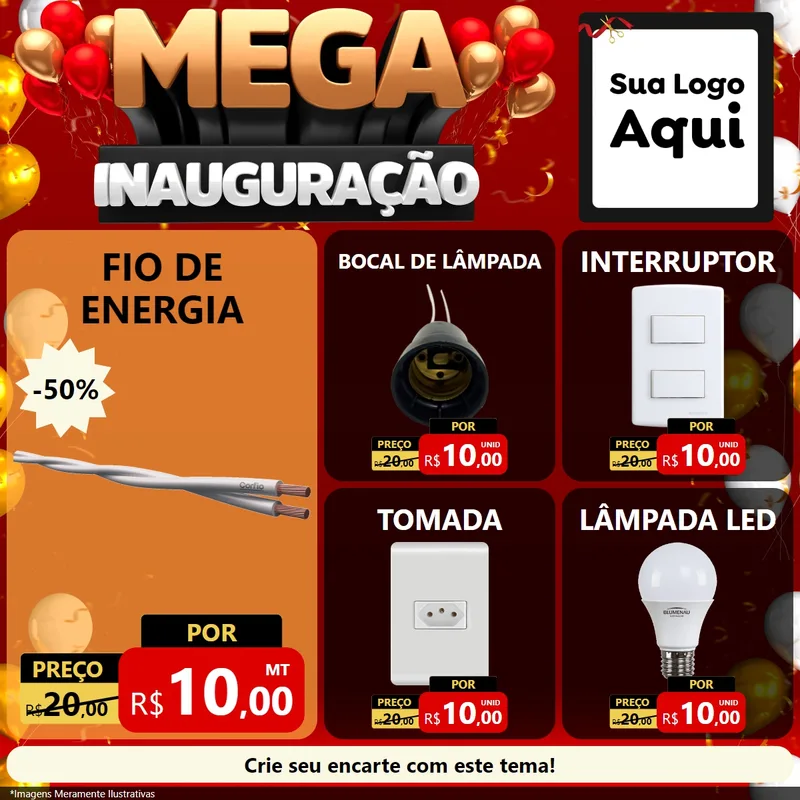 Modelo de Rede Social para Feed Facebook com o tema Mega Inauguração para Materiais Elétricos