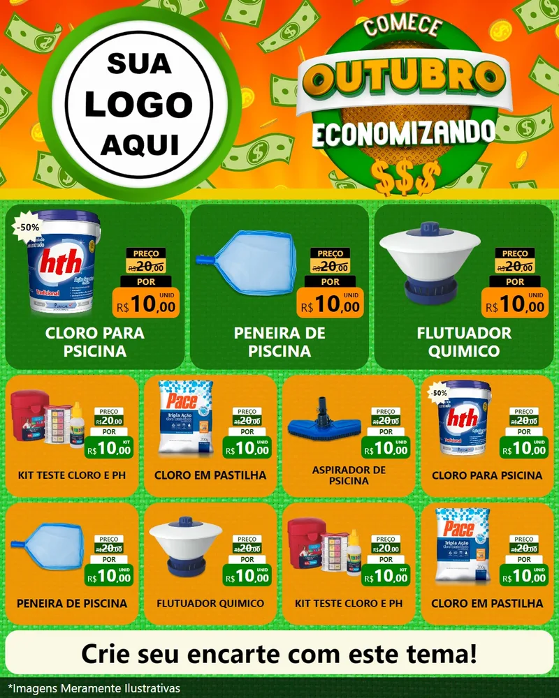 Modelo de Rede Social para Feed Instagram com o tema Comece Outubro Economizando para Produtos para Piscina