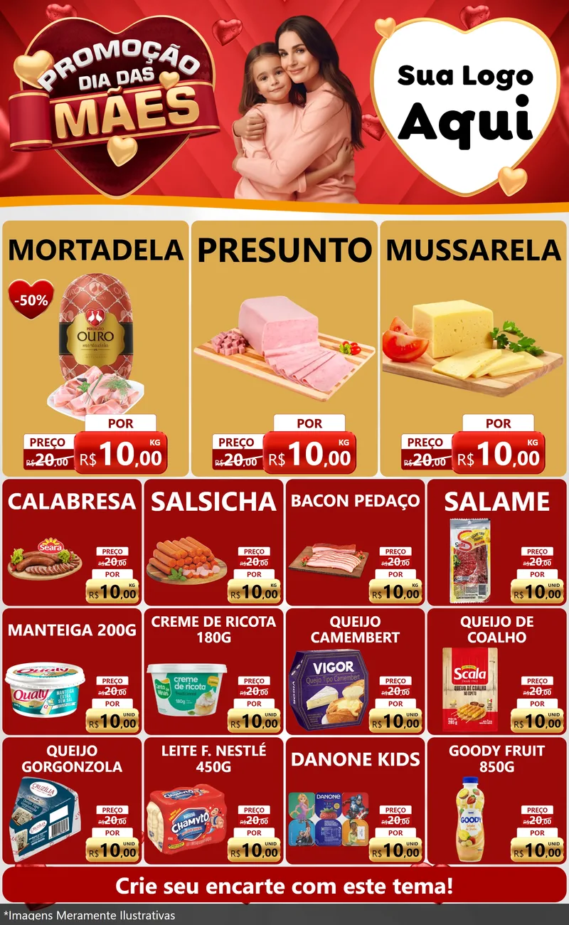 Modelo de Encarte para Encarte Grande com o tema Promoção Dia das Mães para Frios e Laticínios