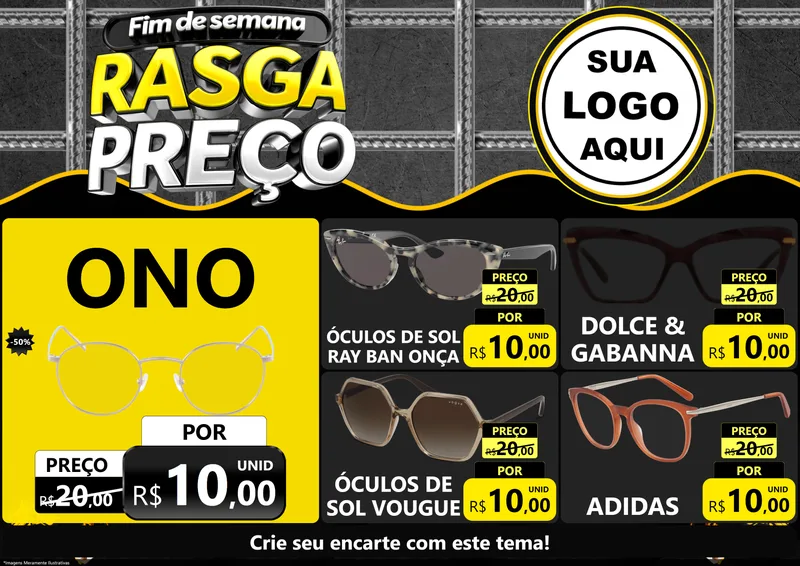 Modelo de Encarte para Encarte A4 Horizontal com o tema Fim de Semana Rasga Preço para Óticas