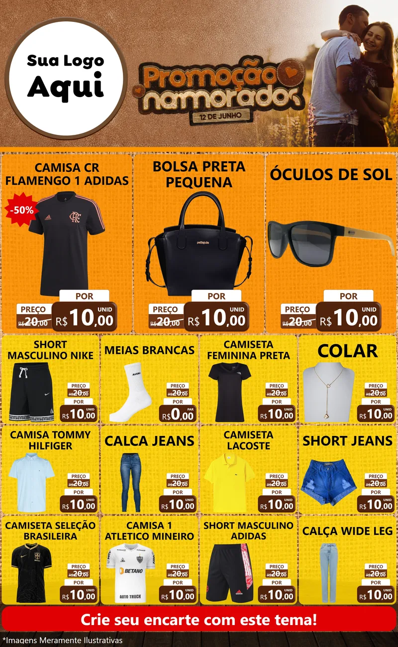 Modelo de Encarte para Encarte Grande com o tema Promoção Namorados para Roupas e acessórios