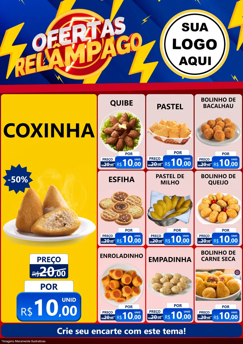 Modelo de Encarte para Encarte A4 Vertical com o tema Ofertas Relâmpago para Salgadaria