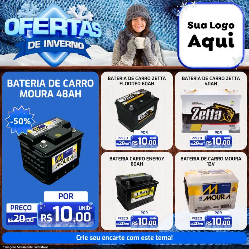 Modelo de Rede Social para Feed Facebook com o tema Ofertas de Inverno para Baterias Elétricas