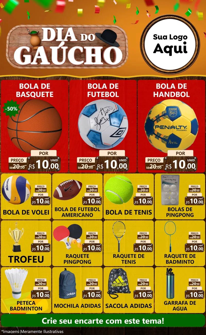 Modelo de Encarte para Encarte Grande com o tema Dia do Gaúcho para Artigos Esportivos