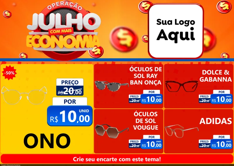 Modelo de Encarte para Encarte A4 Horizontal com o tema Operação Julho Com Mais Economia para Óticas