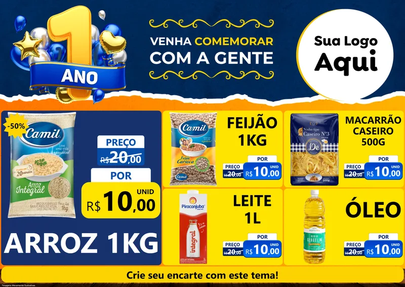 Modelo de Encarte para Encarte A4 Horizontal com o tema Um Ano de Aniversário para Supermercado