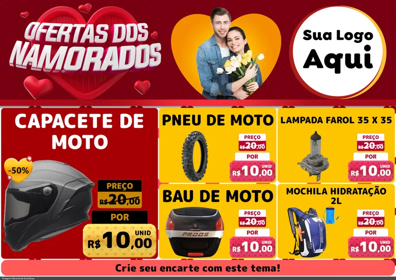 Modelo de Encarte para Encarte A4 Horizontal com o tema Ofertas Dos Namorados para Moto peças