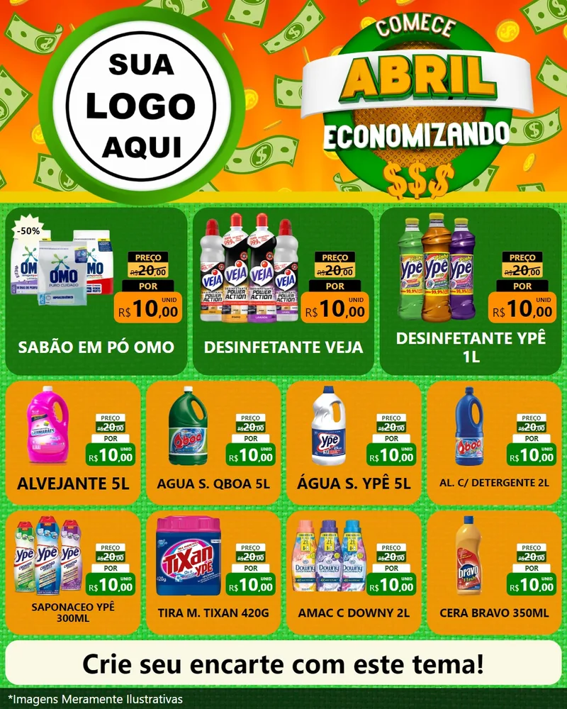 Modelo de Rede Social para Feed Instagram com o tema Comece Abril Economizando para Produtos de Limpeza