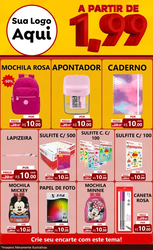 Modelo de Encarte para Encarte Grande com o tema A Partir de Um e Noventa e Nove - 1,99 para Papelaria