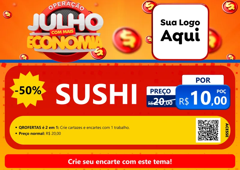 Modelo de Cartaz para Cartaz A4 Horizontal com o tema Operação Julho Com Mais Economia para Comida japonesa