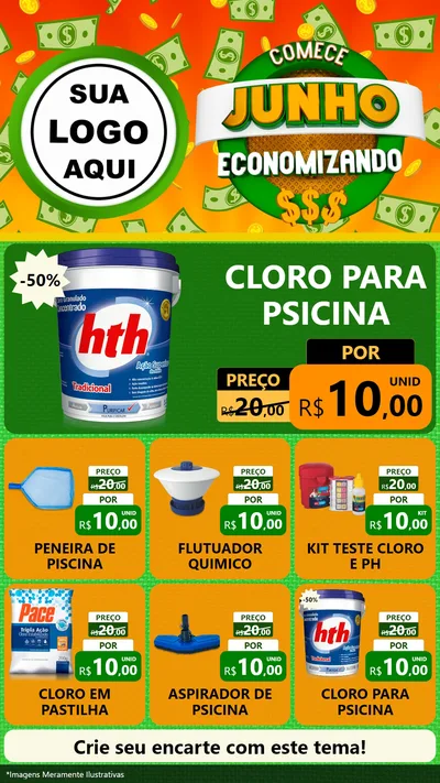 Modelo de Rede Social para Stories com o tema Comece Junho Economizando para Produtos para Piscina