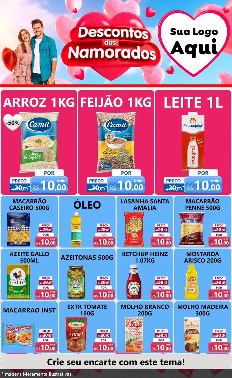 Modelo de Encarte para Encarte Grande com o tema Descontos dos Namorados para Supermercado