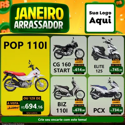 Modelo de Rede Social para Feed Facebook com o tema Janeiro Arrasador para Concessionaria de Motos