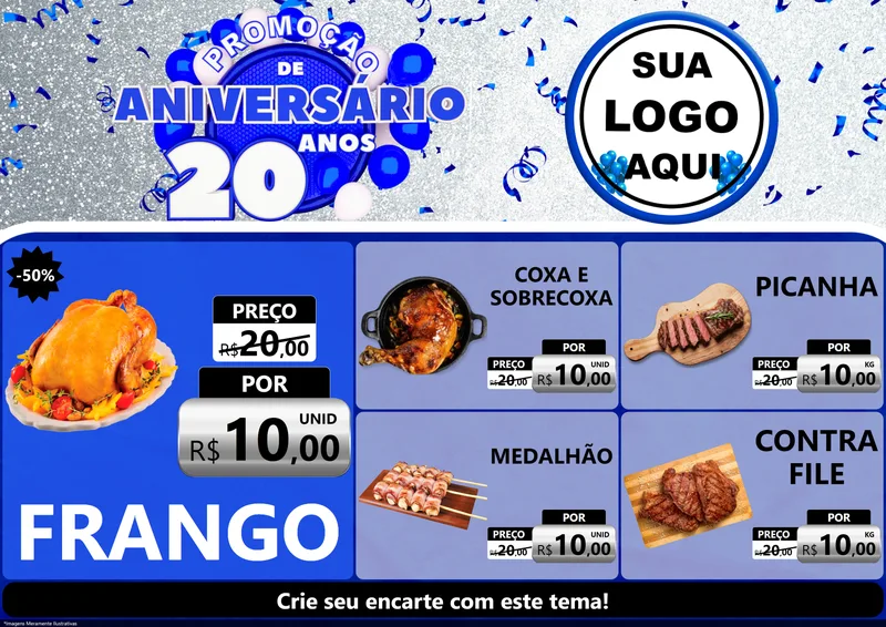 Modelo de Encarte para Encarte A4 Horizontal com o tema Promoção de Aniversário - 20 Anos para Assados