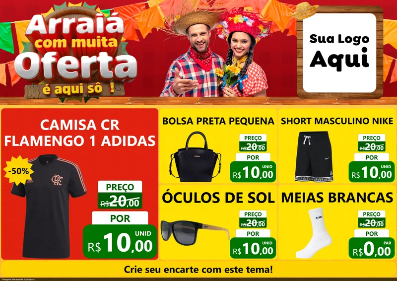 Modelo de Encarte para Encarte A4 Horizontal com o tema Arraiá Com Muita Oferta - É Aqui Sô! para Roupas e acessórios