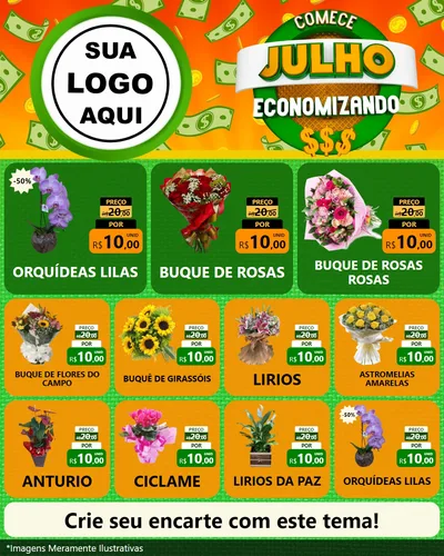 Modelo de Rede Social para Feed Instagram com o tema Comece Julho Economizando para Floricultura e jardim