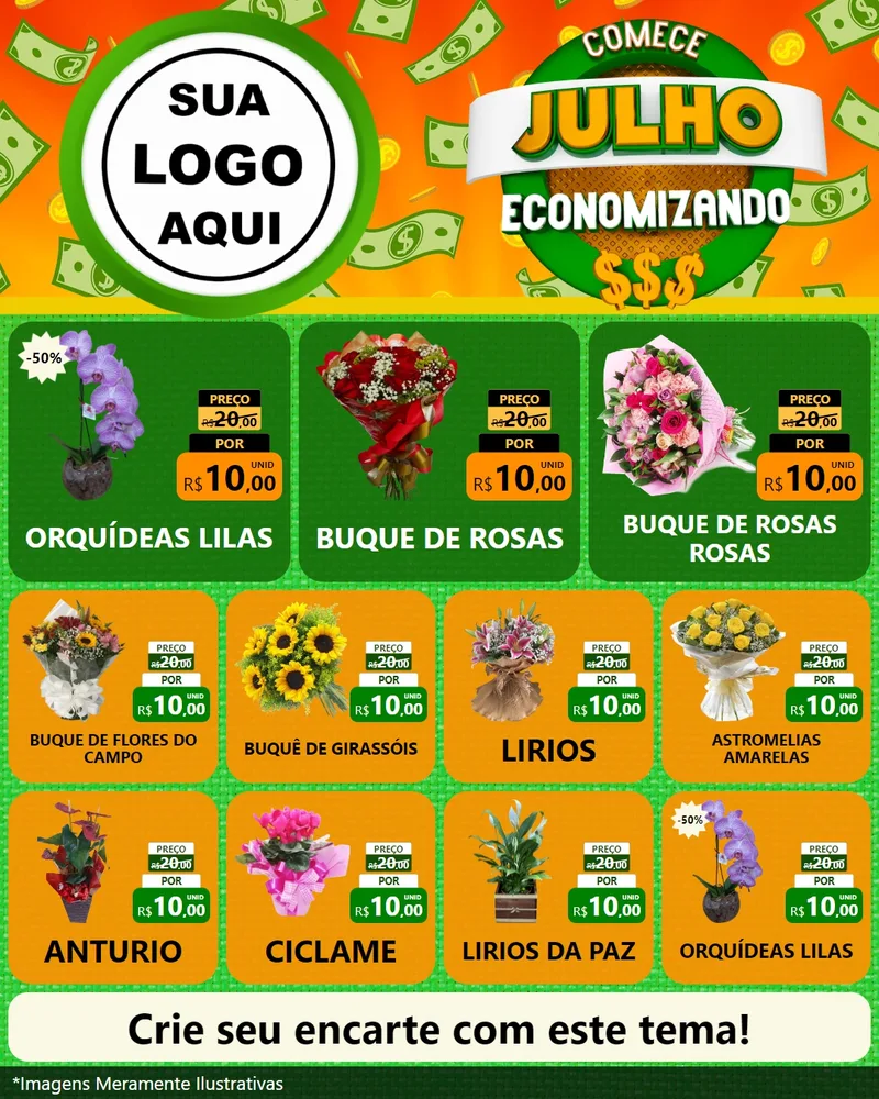 Modelo de Rede Social para Feed Instagram com o tema Comece Julho Economizando para Floricultura e jardim