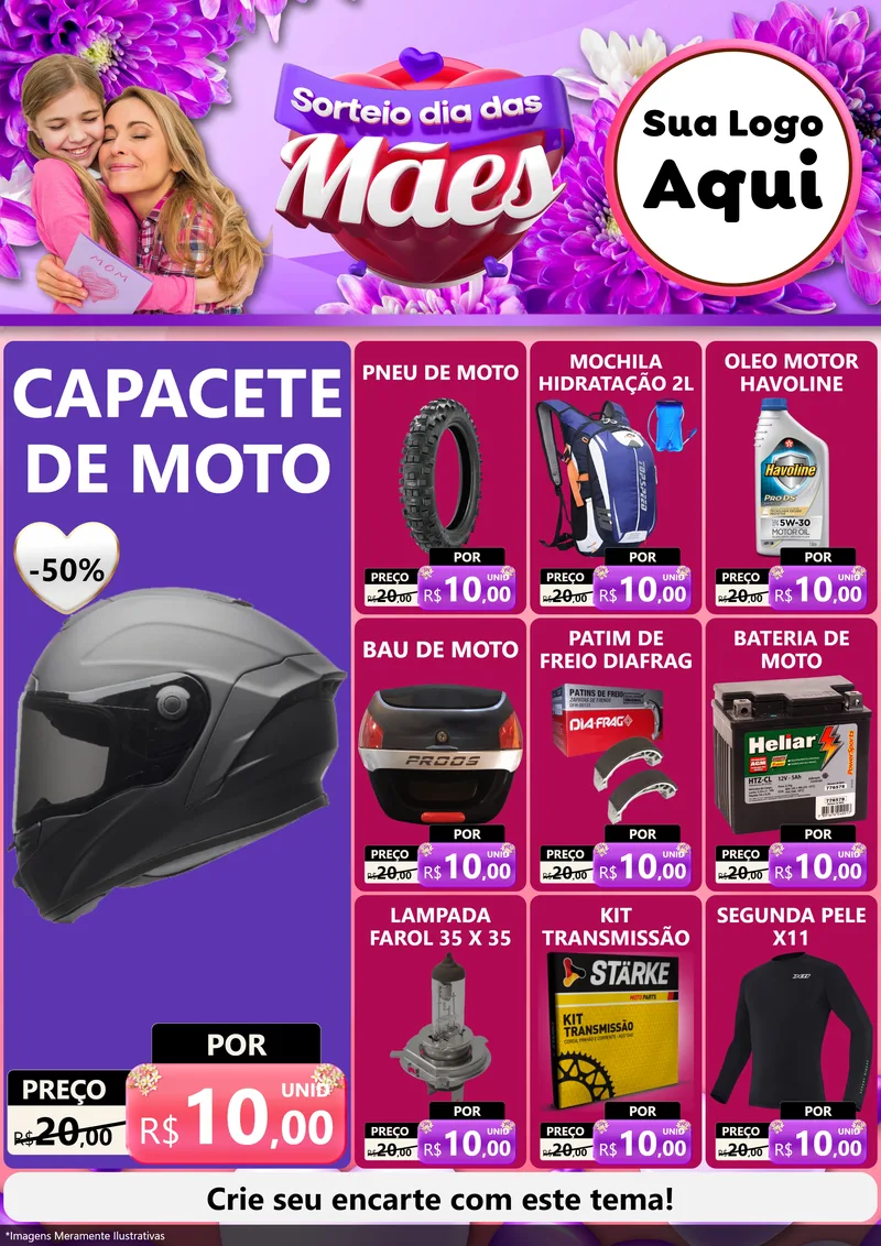 Modelo de Encarte para Encarte A4 Vertical com o tema Sorteio Dia das Mães para Moto peças