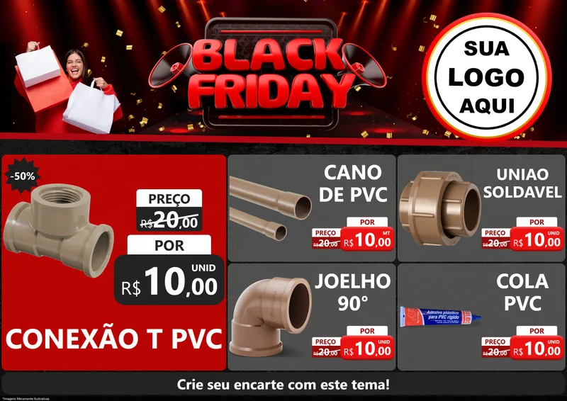 Modelo de Encarte para Encarte A4 Horizontal com o tema Black Friday para Tubos e conexões