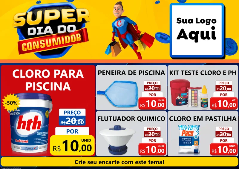 Modelo de Encarte para Encarte A4 Horizontal com o tema Super Dia do Consumidor para Produtos para Piscina