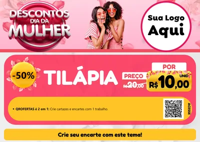 Modelo de Cartaz para Cartaz A4 Horizontal com o tema Descontos Dia da Mulher para Peixaria