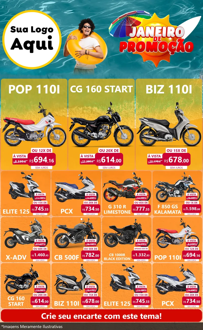 Modelo de Encarte para Encarte Grande com o tema Janeiro de Promoção para Concessionaria de Motos