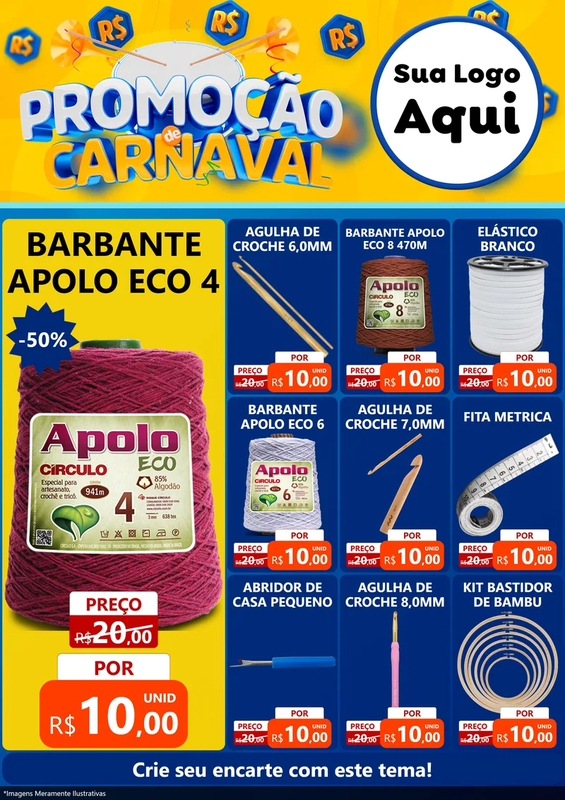 Modelo de Encarte para Encarte A4 Vertical com o tema Promoção de Carnaval para Armarinho e Aviamentos