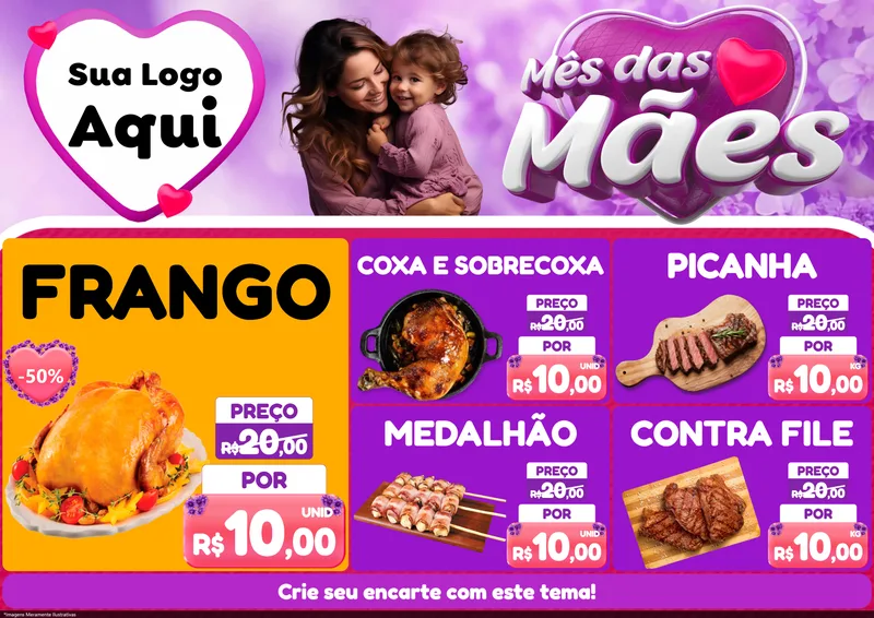 Modelo de Encarte para Encarte A4 Horizontal com o tema Mês das Mães para Assados