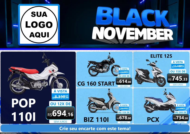 Modelo de Encarte para Encarte A4 Horizontal com o tema Black November para Concessionaria de Motos