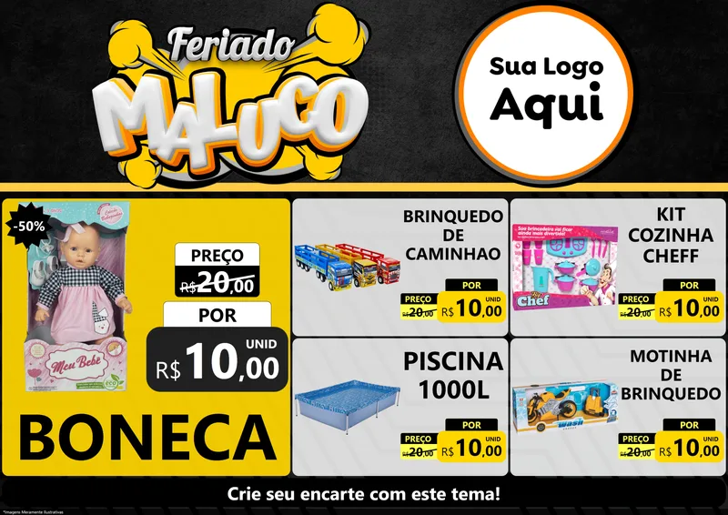 Modelo de Encarte para Encarte A4 Horizontal com o tema Feriado Maluco para Brinquedos