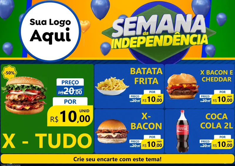 Modelo de Encarte para Encarte A4 Horizontal com o tema Semana da Independência para Hamburgueria