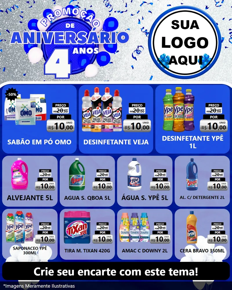 Modelo de Rede Social para Feed Instagram com o tema Promoção de Aniversário - 4 Anos para Produtos de Limpeza