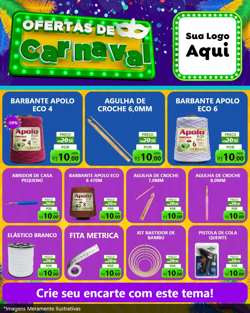 Modelo de Rede Social para Feed Instagram com o tema Ofertas de Carnaval para Armarinho e Aviamentos