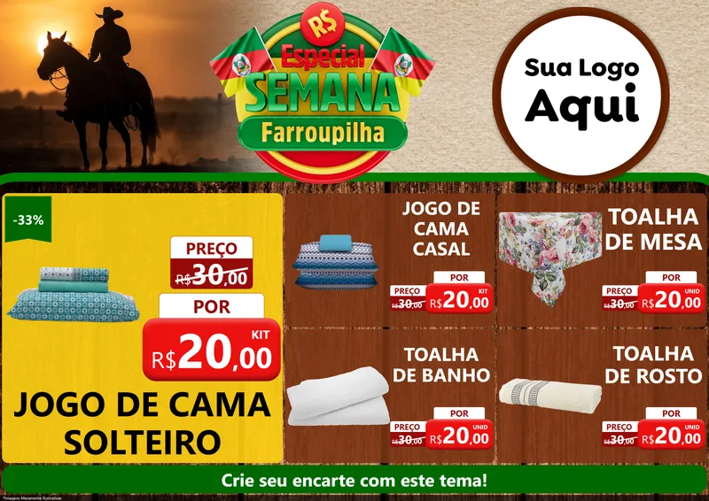 Modelo de Encarte para Encarte A4 Horizontal com o tema Especial Semana Farroupilha para Cama, Mesa e Banho