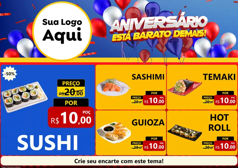 Modelo de Encarte para Encarte A4 Horizontal com o tema Aniversário para Comida japonesa