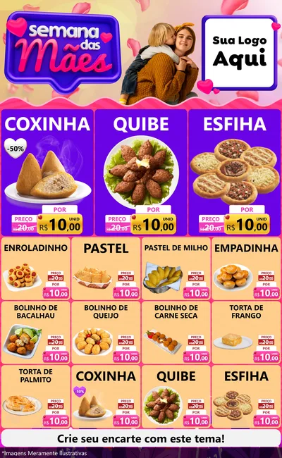 Modelo de Encarte para Encarte Grande com o tema Semana das Mães para Salgadaria